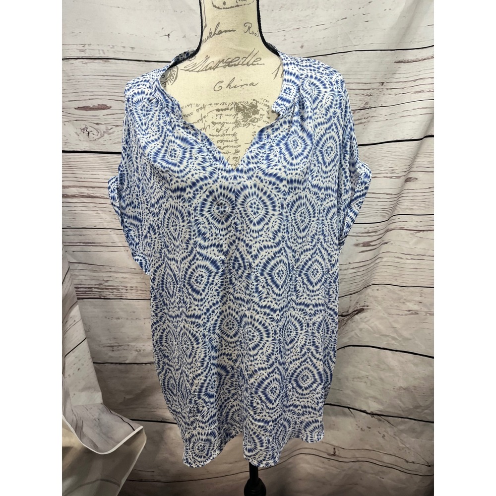 TravelSmith Blue White‎ Shibori Tie Dye V-Neck Tunic Top XL 20922 Mens Womens